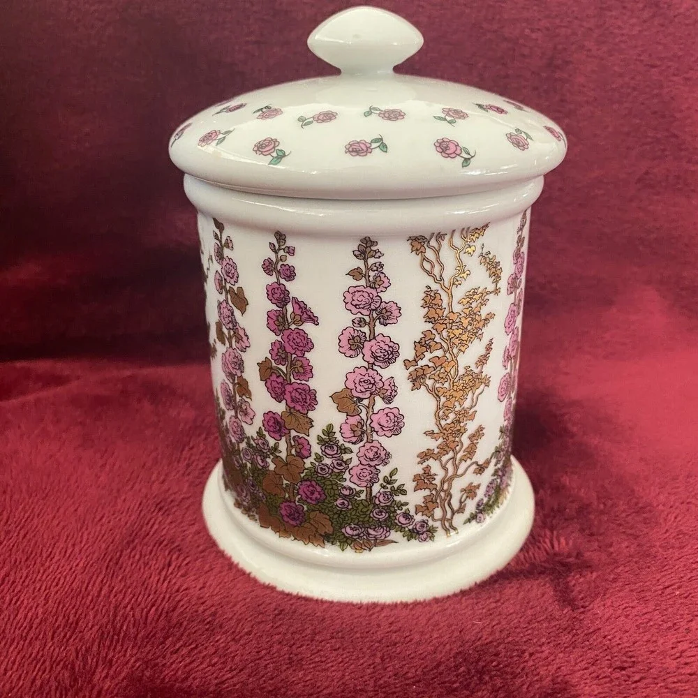 Vintage Porcelain Courting Couple Floral Cotton Ball Vanity Jar West Germany